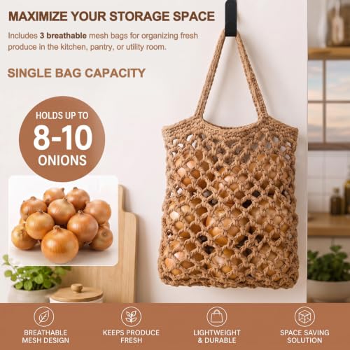 Image of Honeydak 3 Hanging Baskets, Light Linen, Mesh, Cotton Rope