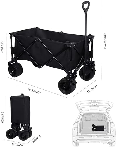 Miniatura 2 de Carro plegable con ruedas todo terreno resistentes, carrito de jardín plegable con mango ajustable para deportes, compras, campamento, color negro