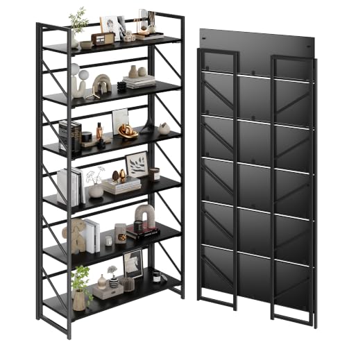 Image of JSB 6 Tier No Assembly Folding Bookshelf, 30.7 inch Wide Foldable Storage Bookcase for Home Office, Space-Saving Storage Shelf for Living Room (Black)