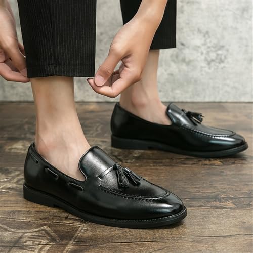 Men's Formal Tassel Loafers Spanish Leather Prom Slip On Pointed Toe Anti-Slip Office Business Shoes(Black,6.5)2