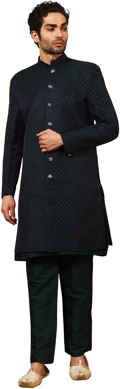 Pro-Ethic Style Developer Cotton Indo-Western Set with Embroidered Long Jacket for Men (C-129)