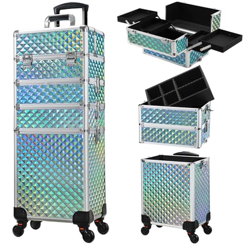 Stagiant Rolling Makeup Case Cosmetology Case on Wheels 4 in 1 Makeup Travel Case Large Cosmetic Organizer Storage with Key Swivel Wheels Nail Artist Salon Traveling Cart Trunk Watery Blue