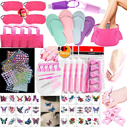 TABGIME 80+PCS Girls Spa Party Supplies Favors for Kids Spa Experience, Deluxe Spa Kit w/Spa Mask Bag Slipper Fold Bath Basin Bottle Nail File Toe Separator & More Nail Care Set for Women Gift