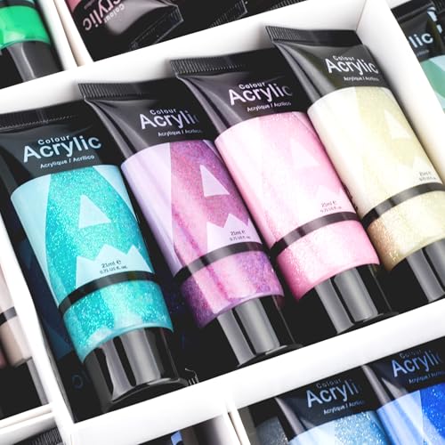Image of AUREUO Galaxy Glitter Acrylic Paint Set - 8 Twinkle Iridescent Colors 0.71 Fl Oz / 21ml Tubes Sparkling Art Paints for Holiday Crafts Decor Non Toxic Art Supplies for DIY Projects, Gifts for Artists