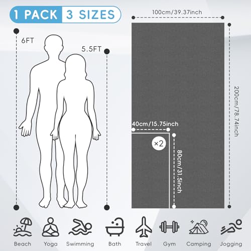 HOMIKLSA Mikrofaser Handtuch 3 Set - Groß 200×100cm & 2 Klein 80×40cm, Schnelltrocknend Microfaser Sporthandtuch, für Reisehandtuch, Badetuch, Fitness & Sport Handtücher und Strandtuch (Dunkelgrau)