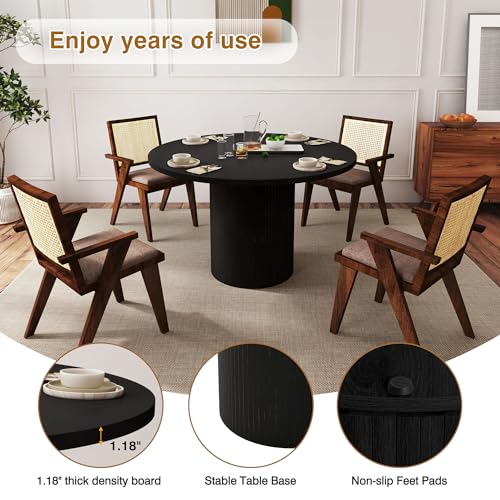 Image of QHITTY Fluted Round Dining Table, 47-inch Wood Kitchen Table for 4, Farmhouse Circle Tabl with Strip Base for Kitchen, Living Room, Black