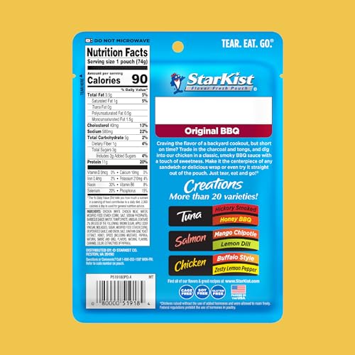 Image of StarKist Chicken Creations Original BBQ, 2.6oz Pouch, 1-Pack | 11g Protein Per Serving, Fully Cooked White Meat, Soy Free, No Draining, Ready to Eat for Salad and Sandwiches