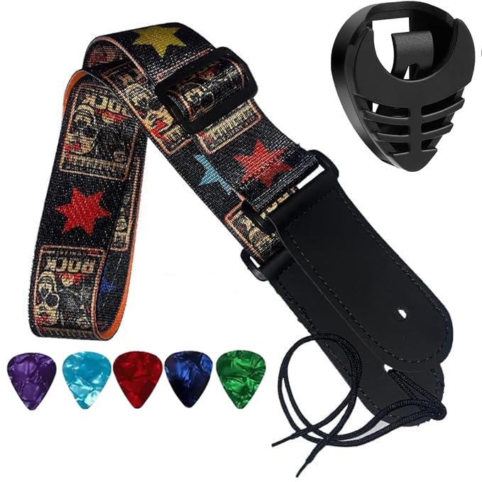 Image of IMAGINEA Adjustable Guitar Strap with Picks Holder & 5 Guitar Picks | Soft Fabric Strap for Acoustic, Electric & Bass Guitar (Rock Belt)