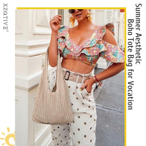 Image of XZQTIVE Crochet Tote Bag for Women Mesh Beach bag for Summer Vacation Aesthetic Hobo Knit Shoulder Bag