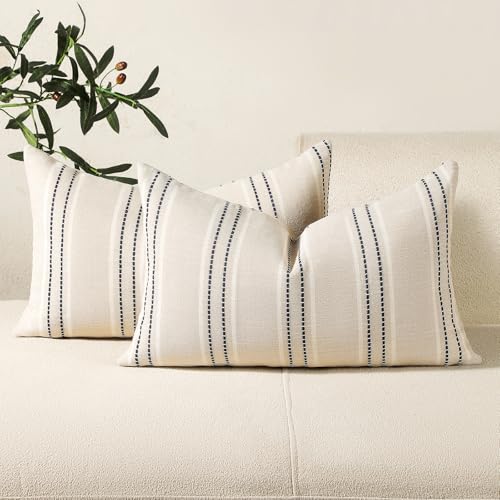 Hckot Throw Pillow Covers 12x20 Set of 2 Striped Pillow Covers Textured Linen Decorative Pillows Lumbar Cushion Covers for Sofa Couch Bed Living Room Farmhouse Decor, Navy