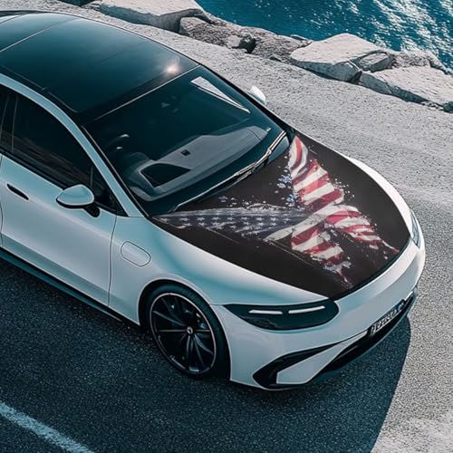 Image of Butterfly US Flag Car Hood Covers for Automobiles, Forget-Me-Not Flower American Flag Car Bonnet Banner Can be Washed Suitable for Most Vehicles Sedans Trucks SUVs