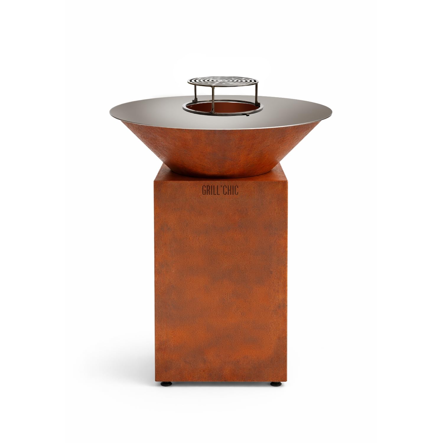 GRILL'CHIC - Pack Privilège Brasero Auvergnat Corten Normal Rond - Simple Cuve - Avec Bâche + Grille + Stop Food Inclus - À Assembler - Fabriqué en France - Ø60 x 78 cm