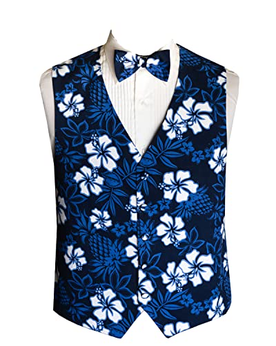 Men's Blue Hawaiian Tuxedo Vest and Bow Tie