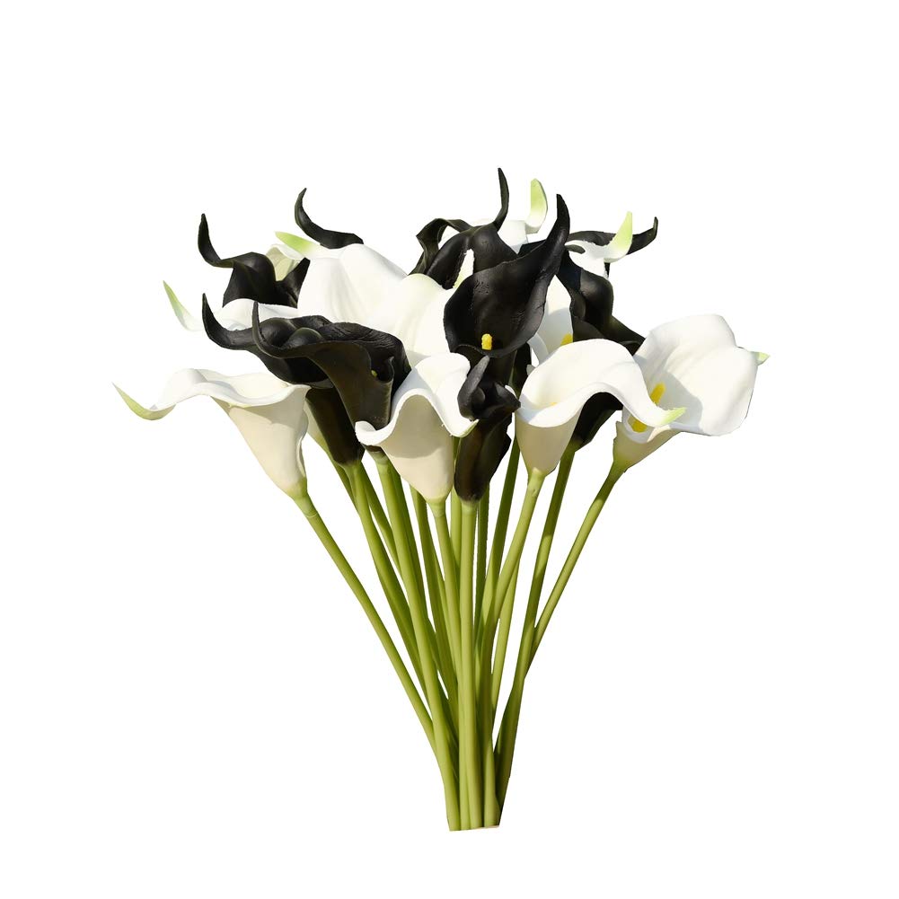 Mandy's PU Black and White Calla Lily Artificial Flowers 20 Stems 13.5in Faux Realistic Centerpiece DIY Bridal Bouquet Home Décor
