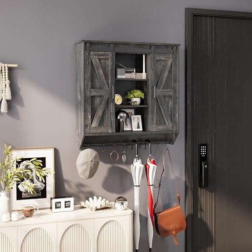 Farmhouse-Medicine-Cabinet-2-Sliding-Barn-Doors-3-Tier-Rustic-Wood-Wall-Storage-Cabinet-Adjustable-Shelf-Towel-Bar-Wall-Mounted-Bathroom-Wall-Cabinet-Dark-Rustic-Oak-3071-Inch Farmhouse Medicine Cabinet 2 Sliding Barn Doors 3 Tier Rustic Wood Wall Storage Cabinet Adjustable Shelf Towel Bar Wall Mounted Bathroom Wall Cabinet Dark Rustic Oak 3071 Inch