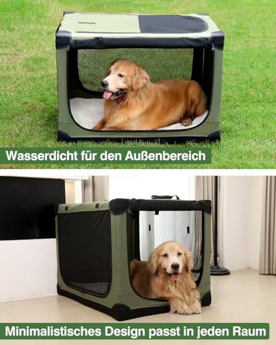 derimkcoa Hundebox faltbar für mittlere Hunde,Hundetransportbox Auto mit verstellbarem Design, reißfesten Netzfenstern & Plüsch-Betteinlage für Zuhause & Reise,76 * 54 * 54cm,Grün
