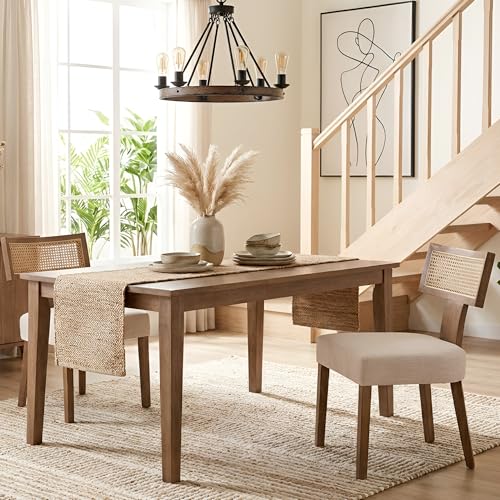 Image of HNY Mid Century Modern Rattan Dining Chairs Set of 2, Linen Upholstered Kitchen & Dining Room Chairs with Ergonomic Curved Back, Solid Wood Frame, Farmhouse Accent Chairs for Home, Apartment, Beige