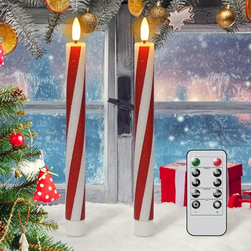 Image of Christmas Flameless Taper Candles Flickering Battery Operated with Remote Timer, 2 Pack Real Wax 3D Wick LED Taper Candles Candy Cane Decals Holiday Indoor Dinner Decor(0.76 inch D x 9.65 inch H)