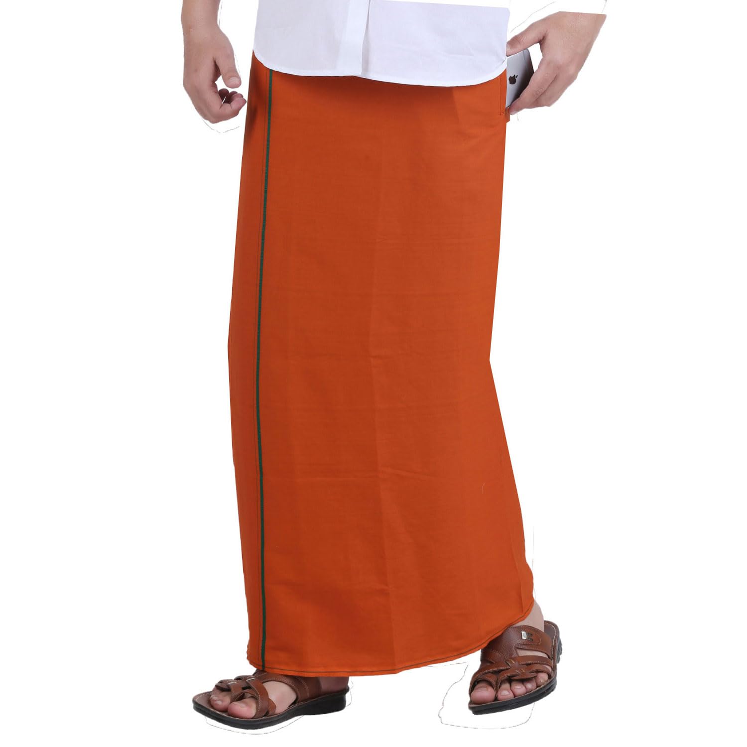 Prakasam Cotton Mens Dark Kaavi Colour Welcro Pocket Single Dhoti (Roja-Dark Kaavi) Size-Medium (Hip Size 34 To 38)