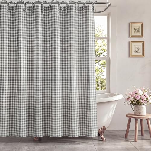 Fanfanwin 72 x 72 Light Grey Gingham Shower Curtain Linen Blend Tie Top Plaid Shower Curtains Hanging Farmhouse Home Decor Washable for Bathrooms Bedrooms and Offices