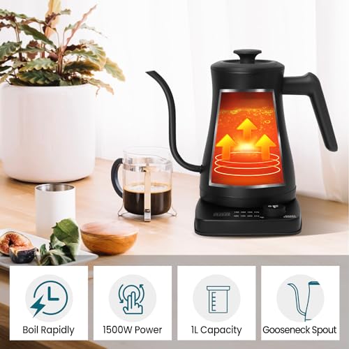 TUMIDY Electric Gooseneck Kettle Temperature Control 1L 8 Variable Presets Pour over Coffee Kettle, 1500W Rapid Heating, Stainless Steel Inner, Auto Shutoff Anti-dry Protection Matte Black - Thumbnail 4