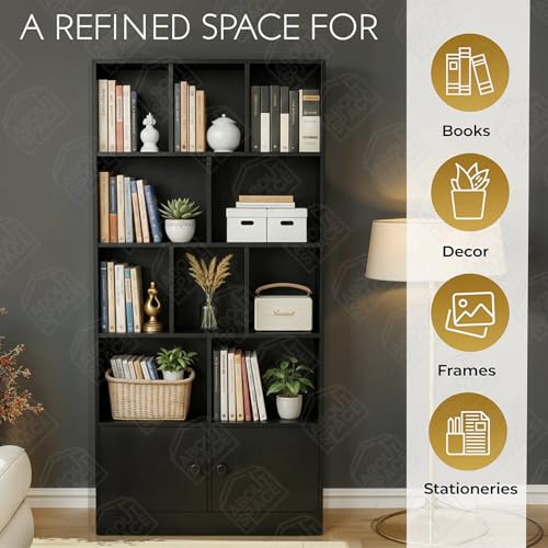 Image of ABOUT SPACE Tall Book Shelf for Home - 10 Shelves with Bottom Closed Compartment Engineered Wood Book Rack for Study Room Book Organizer Stand for Library, Living Room(L80 x B30.5 x H181.5cm -Black)