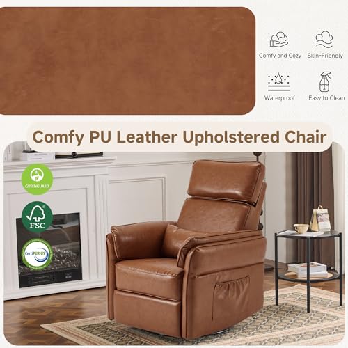 Image of MELLCOM Power Recliner Rocking Chair with Adjustable Arms and Headrest, Swivel Electric Glider Reclining Nursing Chair Nursery Gliders with USB Port and Storage Bags, FSC Certified(Leather, Brown)