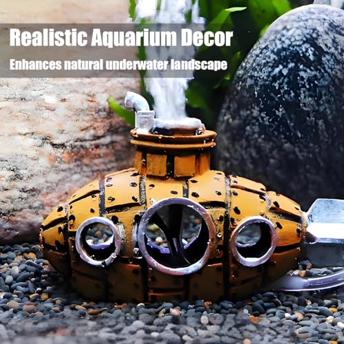Image of Fish Tank Decorations, Aquarium Decor Thematic Ornaments, Cute Little Diver Aquarium Decoration Cartoon Fish Playmate with Submarine - Floating Aquarium Decorations (Submarine Gold)