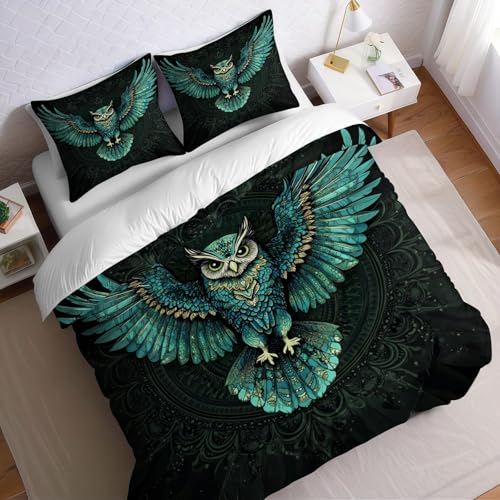 Housse de Couette 140x200 cm 1 Personne Vert Parure de Lit Hibou 3 Pièces en Microfibre avec 1 Taie d’Oreiller, Ensemble de Literie Doux et Confortable