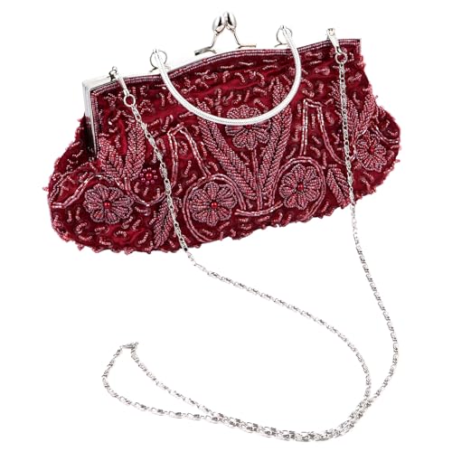 Pochette de soirée Baluue en tissu vin rouge avec perles rétro
