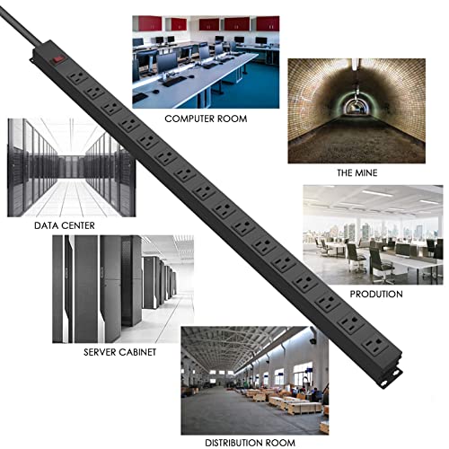 Regleta de alimentación metálica para montaje en pared HHSOET, 16 tomas, cable de extensión de 15 pies (14 AWG), 15 A, 125 V, 1875 W, color negro | Resistente, con espaciado amplio entre tomas, para escritorio, garaje y taller miniatura 6