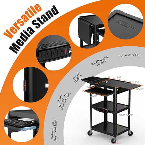 Image of All-Steel Rolling AV Cart with Adjustable Height & Built-in Power - Heavy-Duty Media Workstation with Drop-Leaf Shelves & Wheels for Projectors, Laptops, Printers - Classroom, Office & Studio, Black