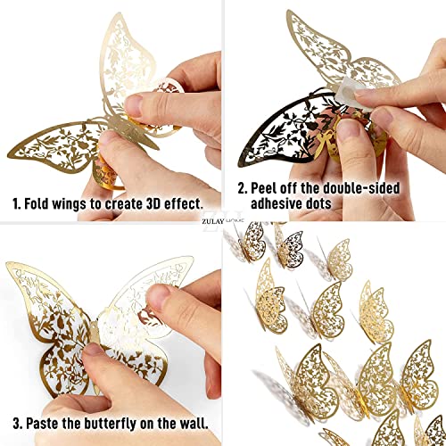Image of 12PCS 3D Butterfly Wall Stickers for Home Decor with Adhesive Pads, Golden Mirror Effect DIY Wall Decoration for Bedroom Living Room Kids Room TV Background Wedding Birthday Party Decor