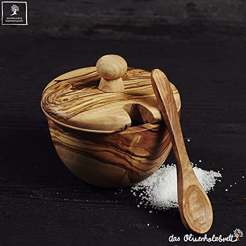 das Olivenholzbrett® Kleine Zuckerdose Dose mit Deckel und Löffel aus Olivenholz