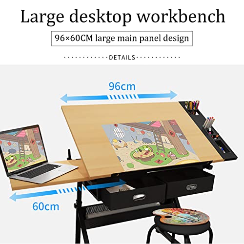 Drafting Desk, Extra Large Wood Drafting Table, Artist Drawing Table with Height Adjustable and Tilting Large Surface Tabletop, Two Drawer for Readin