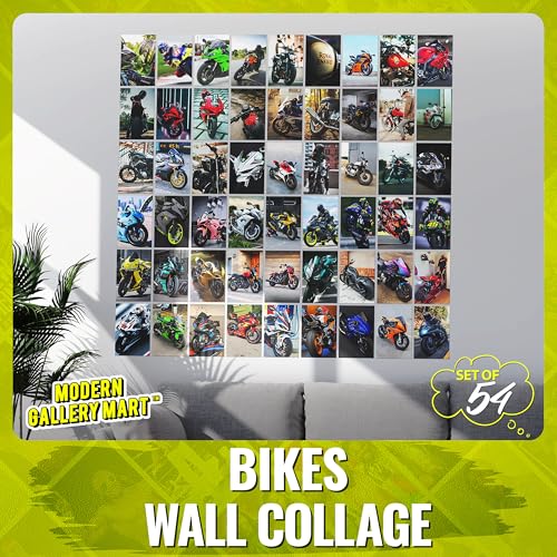 Image of MODERN GALLERY MART Pack of 54 Bike Aesthetic Wall Collage Kit Posters - 4 x 6 Inches Posters for Wall Decoration - Wall Art For Bedroom, Office, Living room, Dorm room - Glue Dots Included
