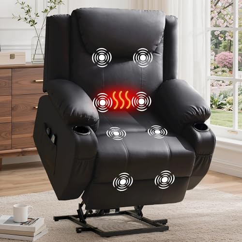 Korser Oversized Power Lift Recliner Chair with Massage and Heat for Elderly, 26' Overstuffed Wide Electric Recliner with 2 Side Pockets, Cup Holders, Lift Chair for Living Room, Faux Leather, Black