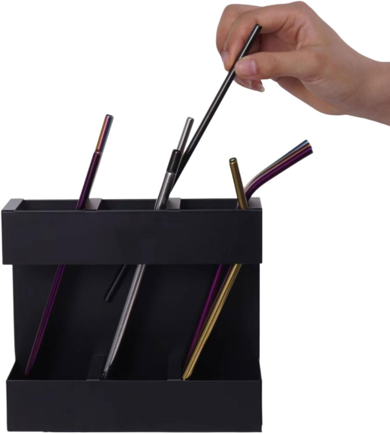 Multipurpose Iron Straw Storage 3 Compartment Design Sticky Mount Organizers for Kitchen Counter Cabinet Black Household Reusable Straw Management