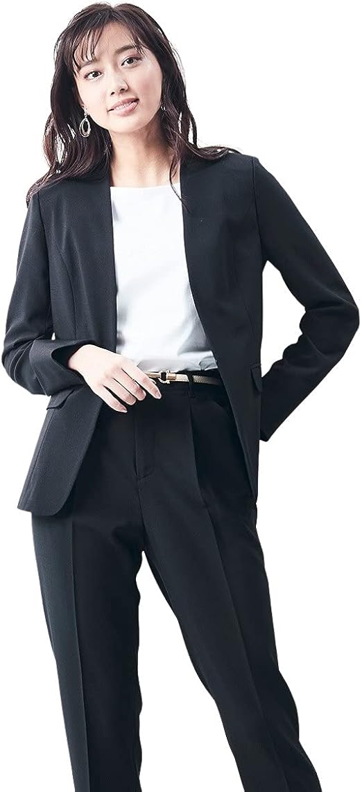 Amazon レディーススーツ Nissen ニッセン レディーススーツ うすカルタテヨコストレッチパンツスーツ ノーカラージャケット テーパードパンツ コート ジャケット 通販