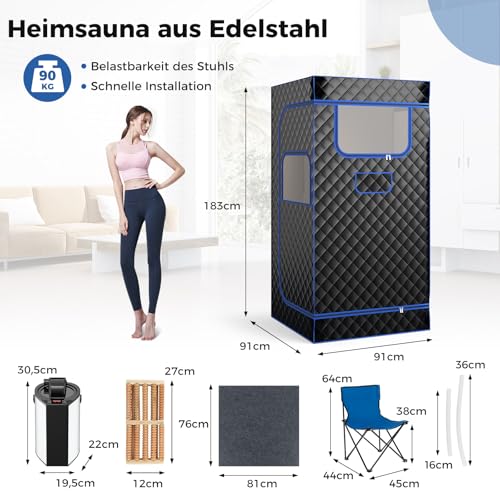 COSTWAY sauna parowa do domu, sauna całościowa z 3-litrowym generatorem pary, pilot, masażerem stóp i składanym krzesłem, przenośny namiot sauna 91 x 91 x 183 cm (czarny)