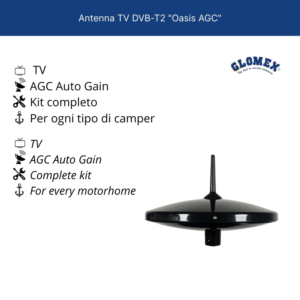 Glomex – Antenna TV/FM/DAB "Oasis AGC Black" Ø25cm (Nero), Modello T480AGC/BK – Amplificatore Automatico, Kit Tetto, Per Veicoli da Viaggio (Camper, Van) – Stile Moderno FULL HD