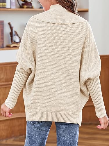 Image of Girls Open Front Cardigan Sweaters Batwing Long Sleeve Shawl Collar Ribbed Knit Winter Coats
