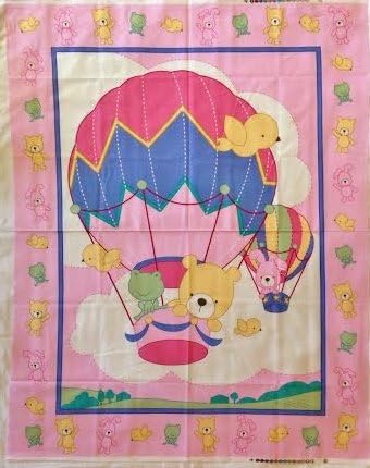 Up Up and Away Hot Air Balloon with Baby Animals Pink Cheater Quilt Cotton Panel (Great for Quilting, Sewing, Craft Projects, a Child's Quilt, Throw Pillows & More) 44" x 35" Wide