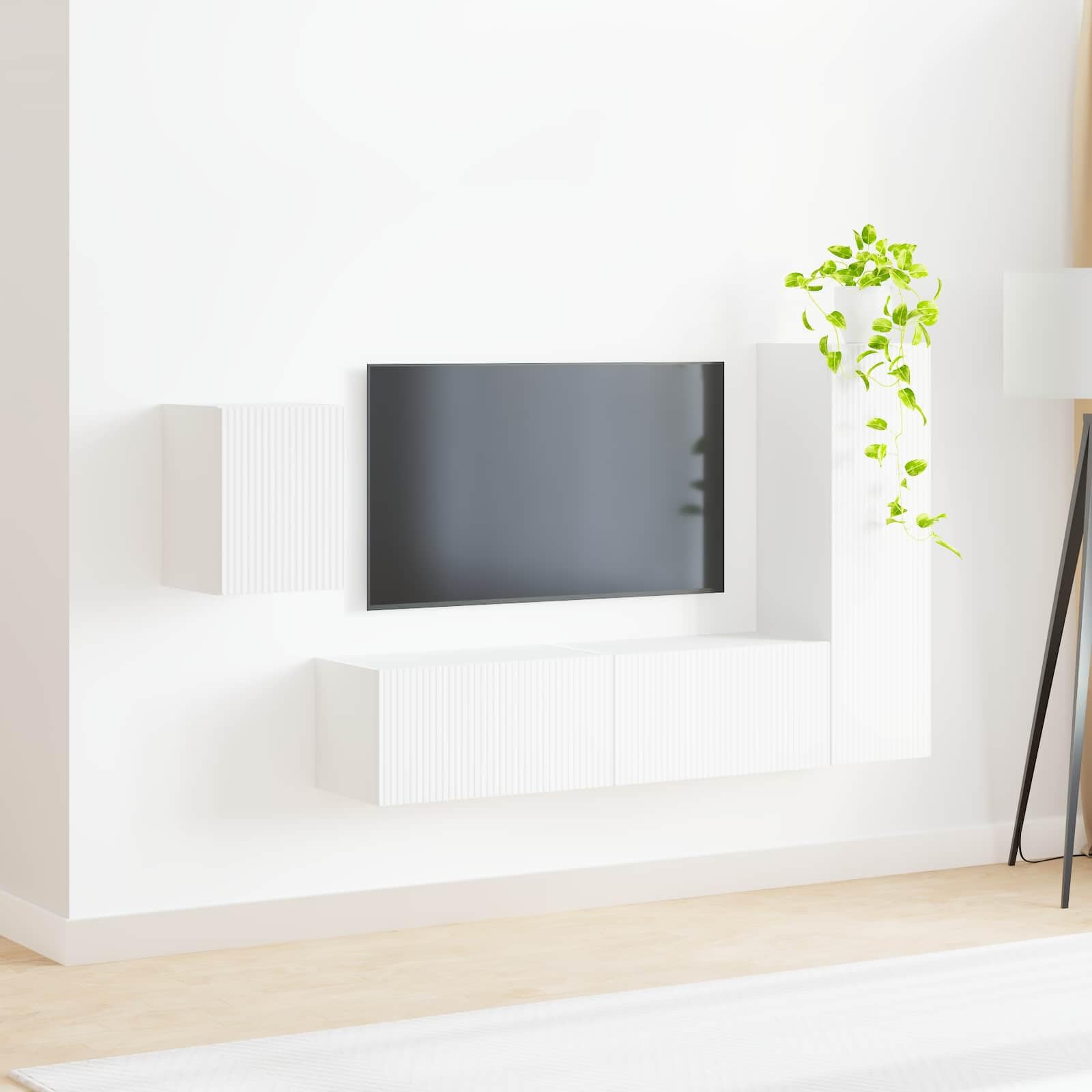 TV-Schrankset Wandmontiert 4-teilig, Weißer Holzwerkstoff, Modernes Media-Center für Wohnzimmer, Platzsparendes Entertainment-Möbel mit Stauraum