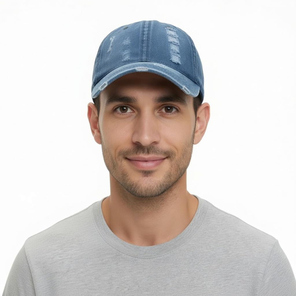 men distressed washed denim baseball cap adjustable vintage faded dad hat casual summer outdoor streetwear style