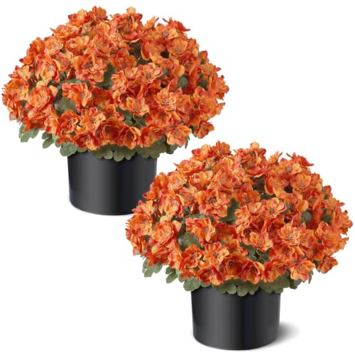 Image of 2Pcs Artificial Fall Azalea Flower Topiary Trees for Porch(Orange)