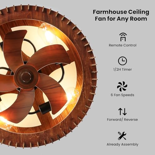 Image of 20 inch Flush Mount Ceiling Fan with Light, Wooden Caged Low Profile Fandelier with Remote, 6-Speed Reversible Bladeless Fan, Farmhouse Ceiling Fan for Bedroom, Kitchen, Living Room