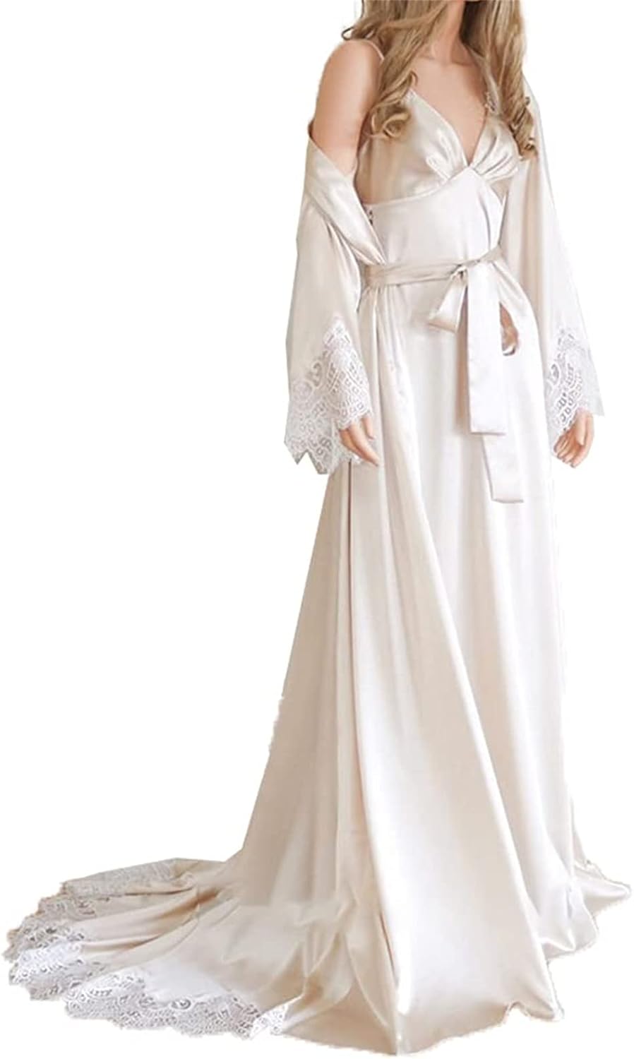 BATHGOWN Women's Sexy Satin Long Kimono Robe Lace Pajamas Set 2 Pieces Sleepwear Ladies Nightgown for Bride Party