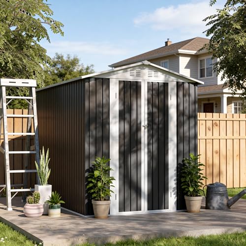 6×9 FT Metal Storage Shed – Outdoor Garden Shed with Apex Roof & Hinge Door, Galvanized Steel Tool Shed for Backyard, Patio, Bike Storage