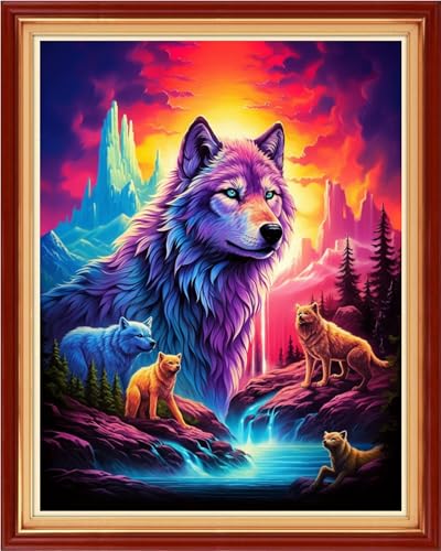 Image of Magxvouy Cross Stitch Kits Stamped Full Range of Embroidery Kits,Cross Stitch Patterns Needlework Kits for Beginners 11CT Printed Kits&Wolf King 16x20 inch